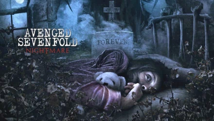 HD desktop wallpaper of Avenged Sevenfold's Nightmare album cover, featuring a dark, eerie scene with a haunting figure lying beside a tombstone under a misty night sky.