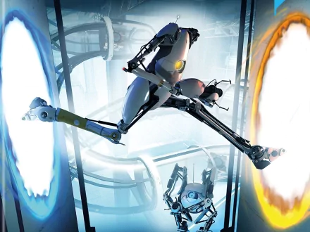 HD PC desktop wallpaper showing a robotic character from the video game Portal 2 leaping dynamically between a blue and orange portal in a futuristic setting.