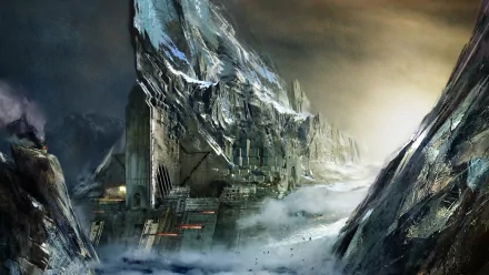 HD Guild Wars 2 PC desktop wallpaper featuring a dramatic, snowy mountain fortress shrouded in mist under a moody, overcast sky.