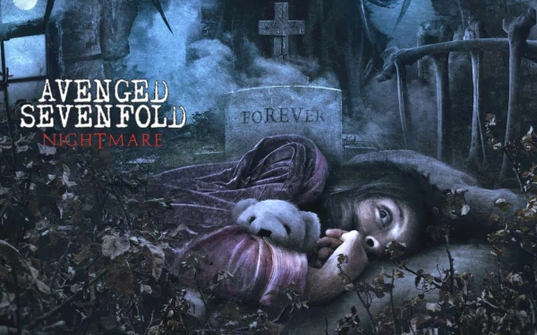 HD desktop wallpaper of Avenged Sevenfold's Nightmare album cover, featuring a dark, eerie scene with a haunting figure lying beside a tombstone under a misty night sky.