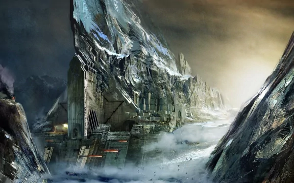 HD Guild Wars 2 PC desktop wallpaper featuring a dramatic, snowy mountain fortress shrouded in mist under a moody, overcast sky.