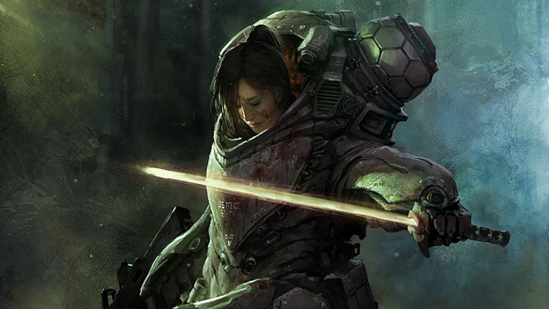 Sci-fi women warrior in armor wielding a sword - a stunning desktop wallpaper by Marek Okon.