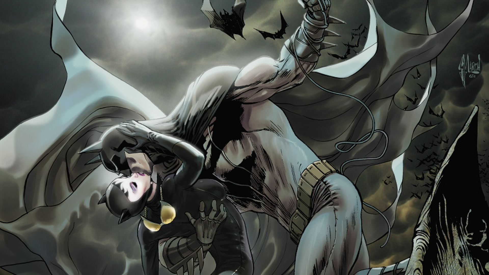 A fierce female villain, Catwoman, stands alongside the legendary superhero, Batman, in this vibrant comic-inspired desktop wallpaper.