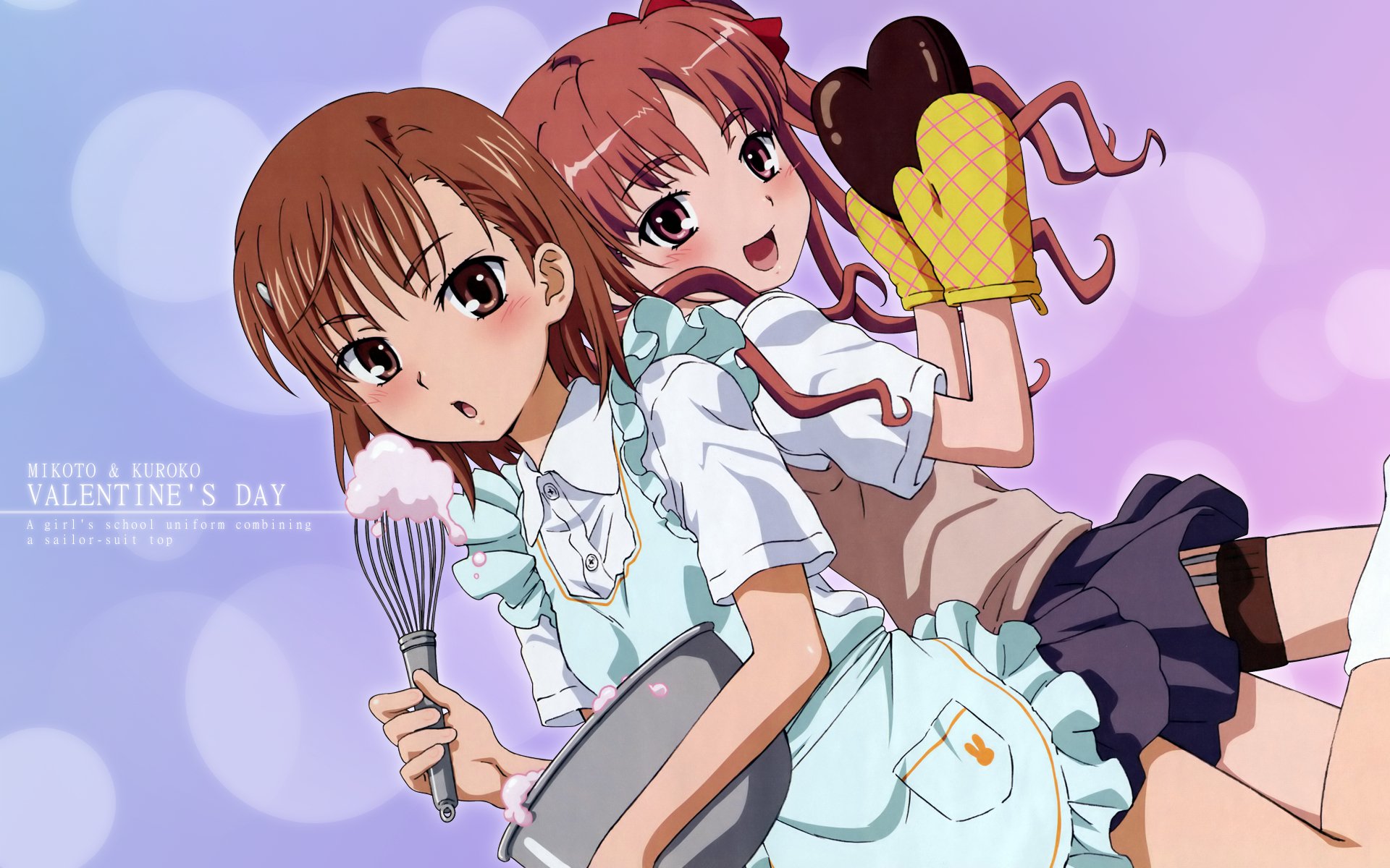HD PC desktop wallpaper featuring characters from the anime A Certain Magical Index and A Certain Scientific Railgun, themed around Valentine's Day with cooking utensils.