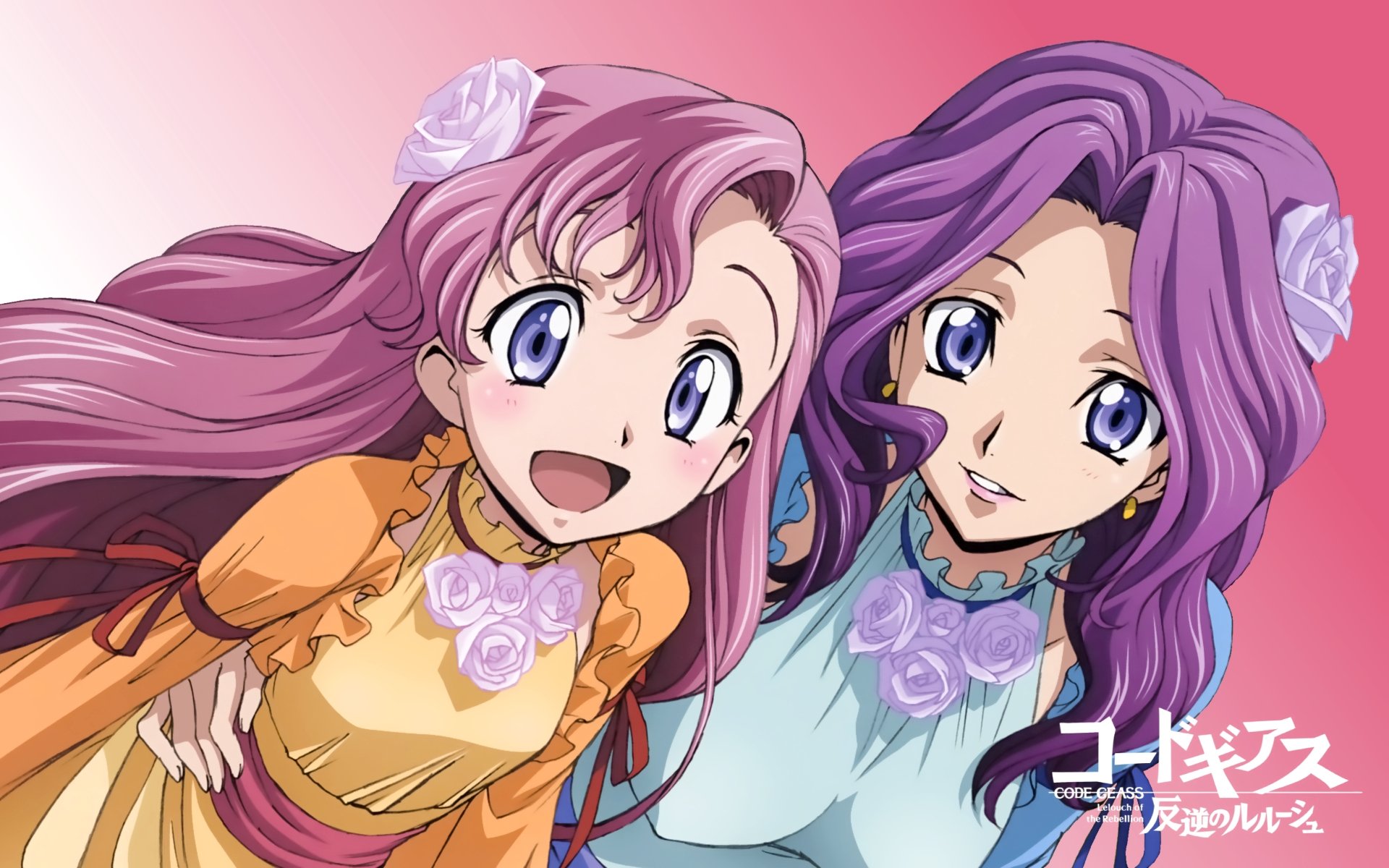 HD anime desktop wallpaper featuring Cornelia Li Britannia and Euphemia Li Britannia from Code Geass, both smiling with flowing hair and pastel floral outfits.