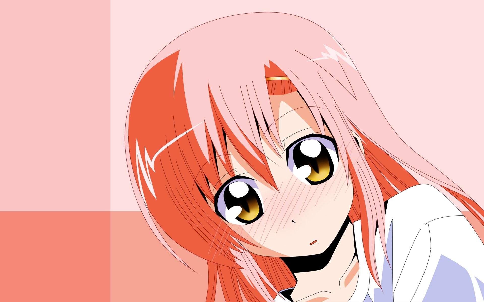 HD PC desktop wallpaper of Hinagiku Katsura from Hayate the Combat Butler — close-up anime portrait with pink-orange hair, golden eyes and a soft peach geometric background.