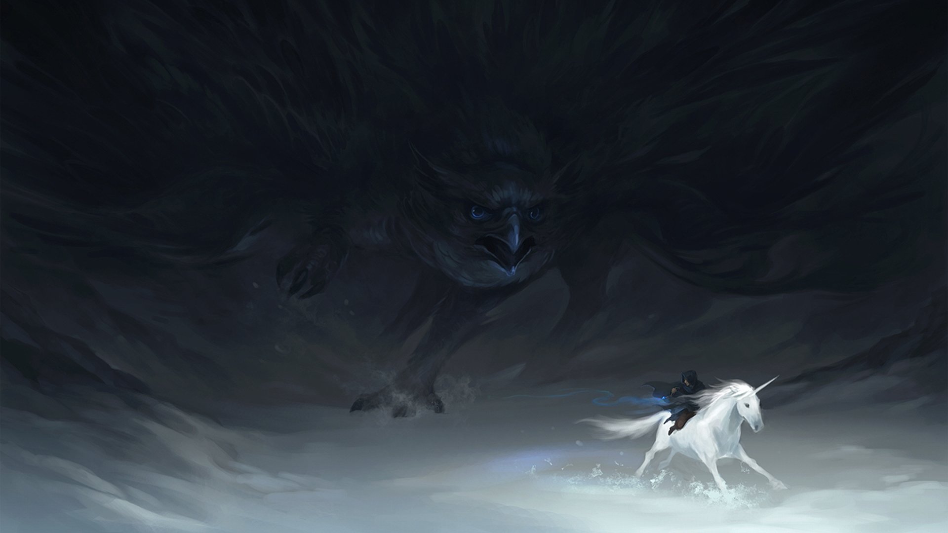 A dark fantasy scene featuring a majestic unicorn in a snowy landscape, menaced by a looming, shadowy figure. This HD wallpaper captures a captivating and mysterious atmosphere.