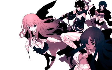 Anime-inspired HD wallpaper featuring characters from Zero no Tsukaima. The image showcases four distinctive figures in dynamic poses against a minimalist background.
