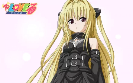 HD wallpaper featuring Golden Darkness from the anime To Love-Ru, showcasing her with long blonde hair and a striking black outfit against a soft pink background.