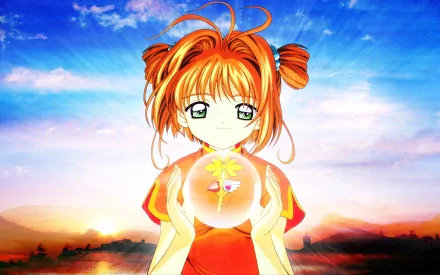 A vibrant HD wallpaper featuring Sakura from Cardcaptor Sakura, holding a magical orb with flowers against a stunning sunset backdrop.