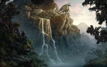 HD fantasy desktop wallpaper featuring a majestic dragon perched on a rocky cliff with cascading waterfalls and lush, misty forest scenery.