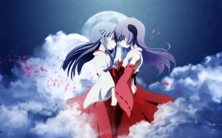 Yuri-themed HD anime desktop wallpaper featuring Furude Rika and Furude Hanyū from Higurashi When They Cry, embracing against a cloudy, moonlit sky.