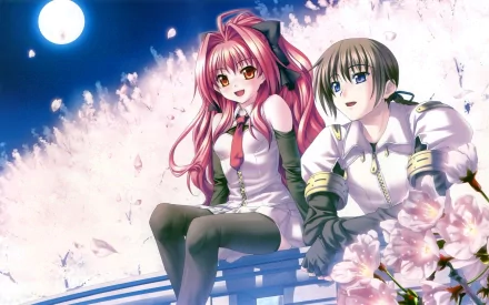 Anime Polyphonica HD PC desktop wallpaper: two girls, one pink-haired and one brown-haired, sit on a railing beneath a full moon amid falling cherry blossoms.