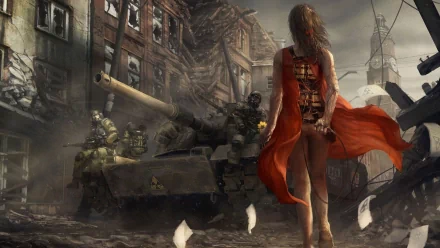 A haunting sci-fi scene depicting a woman in a red dress amidst a war-torn landscape, with soldiers and a tank, capturing the intensity of conflict and sacrifice.