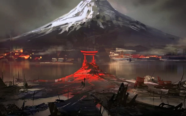 Fantasy-inspired oriental landscape featuring a towering snow-capped mountain and a glowing red torii gate by a reflective body of water, rendered in HD for PC desktop wallpaper.