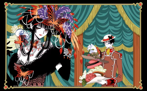 HD anime desktop wallpaper featuring characters from xxxHOLiC in elaborate, colorful costumes against an ornate, theatrical backdrop.