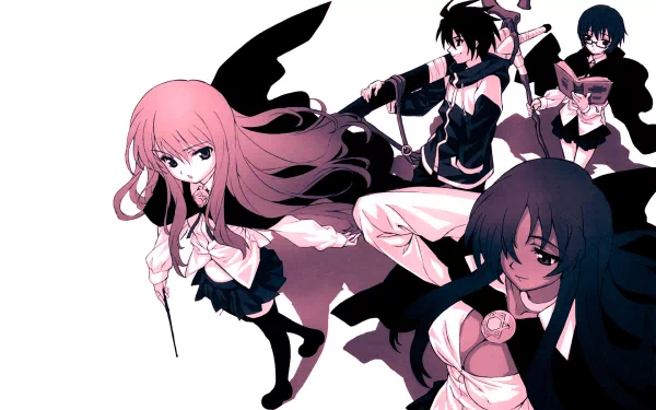 Anime-inspired HD wallpaper featuring characters from Zero no Tsukaima. The image showcases four distinctive figures in dynamic poses against a minimalist background.