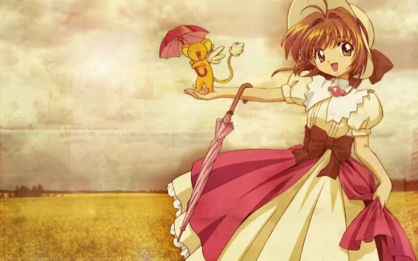Sakura Kinomoto from Cardcaptor Sakura stands in a golden field, holding an umbrella and accompanied by her companion, Kero, in this vibrant HD anime wallpaper.