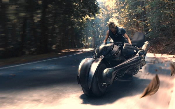 A dynamic HD wallpaper featuring a character from Final Fantasy speeding on a futuristic motorcycle along a scenic road surrounded by trees.