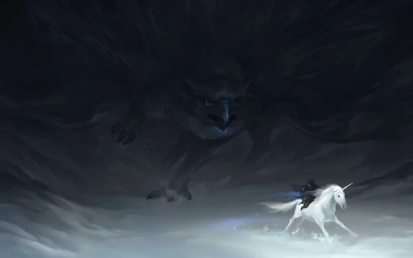 A dark fantasy scene featuring a majestic unicorn in a snowy landscape, menaced by a looming, shadowy figure. This HD wallpaper captures a captivating and mysterious atmosphere.