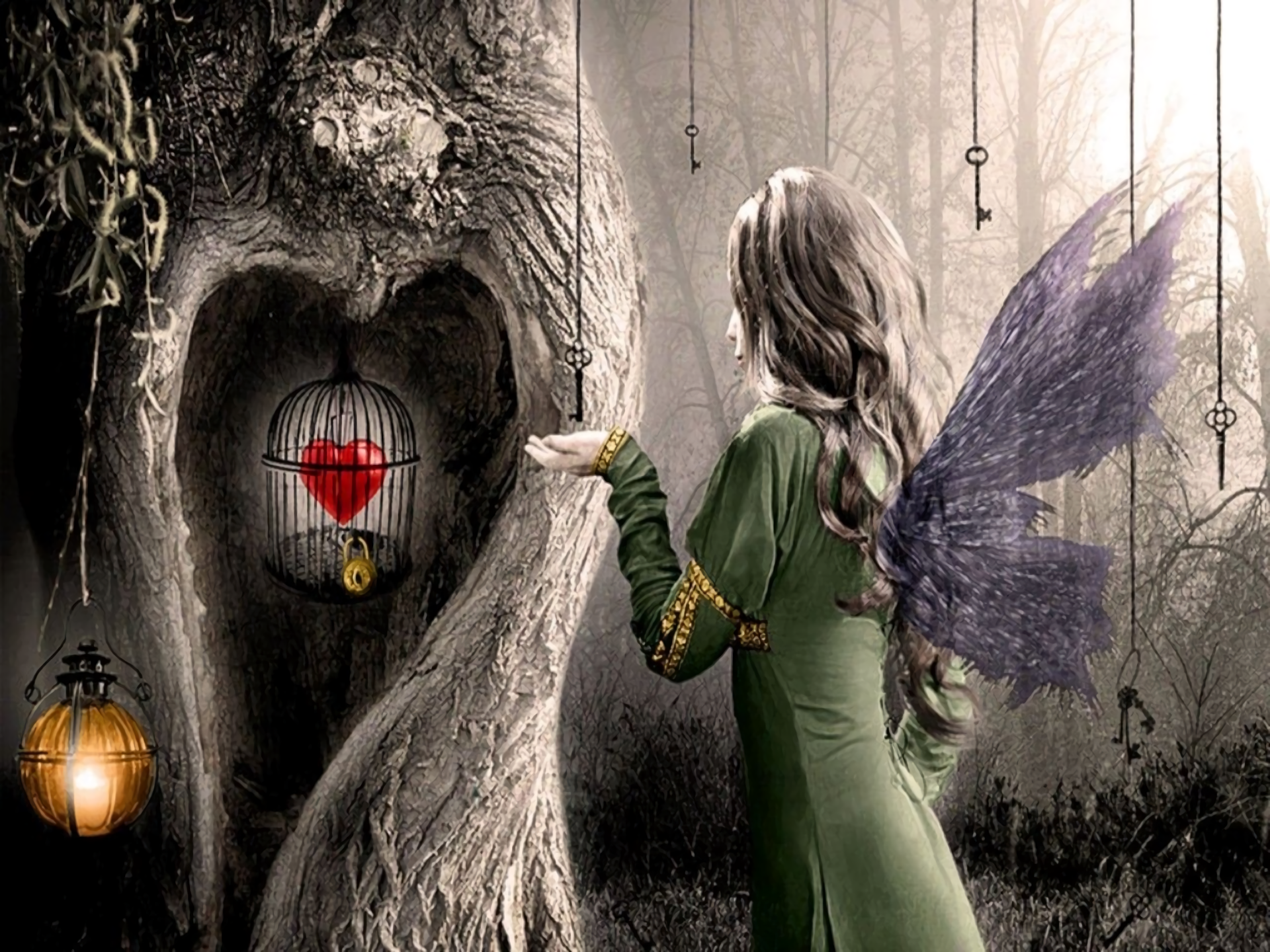 A beautiful artistic fantasy scene featuring a heart trapped in a fairy cage titled Unlock My Heart.