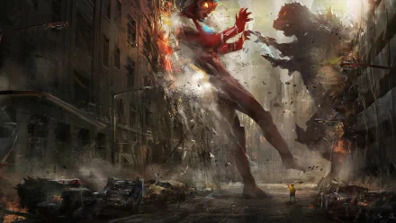 A striking HD wallpaper features Ultraman and Godzilla in an epic crossover battle, set against a devastated urban backdrop, capturing intense action and dramatic tension.