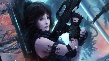 A fierce woman warrior in a cyberpunk landscape grips a futuristic rifle, embodying strength and resilience in this stunning sci-fi HD desktop wallpaper.