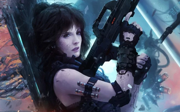 A fierce woman warrior in a cyberpunk landscape grips a futuristic rifle, embodying strength and resilience in this stunning sci-fi HD desktop wallpaper.