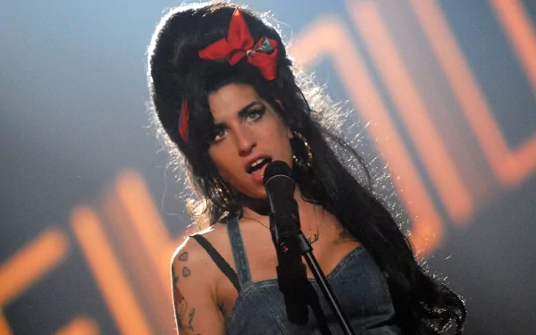Close-up of a female soul singer with a beehive hairstyle and red bow, singing into a microphone; 2K Quad HD PC desktop wallpaper background, music.