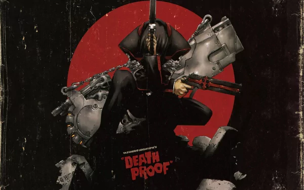 HD wallpaper featuring an intense character from the anime Gungrave, posing with a large mechanical arm and red gun against a bold red circle backdrop, with Death Proof text at the bottom.