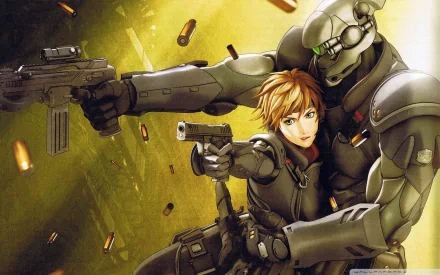 Dynamic HD wallpaper featuring characters from the anime Appleseed. The scene showcases intense action with futuristic armed figures amidst flying bullets.