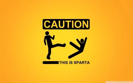 A humorous caution sign featuring a figure kicking another, with the text THIS IS SPARTA against a bright orange background, creating an engaging HD desktop wallpaper.