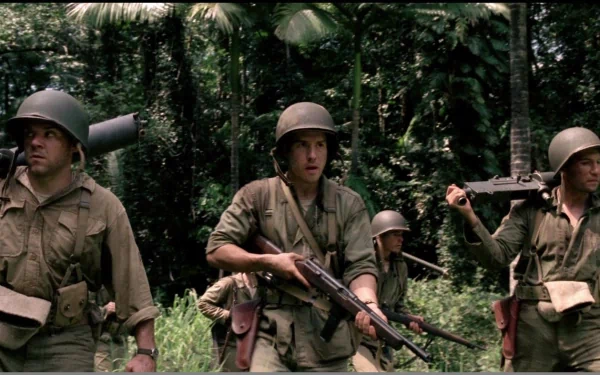 HD PC desktop wallpaper from TV show The Pacific (2010): WWII U.S. Marines in jungle patrol, rifles and gear marching through dense tropical foliage.