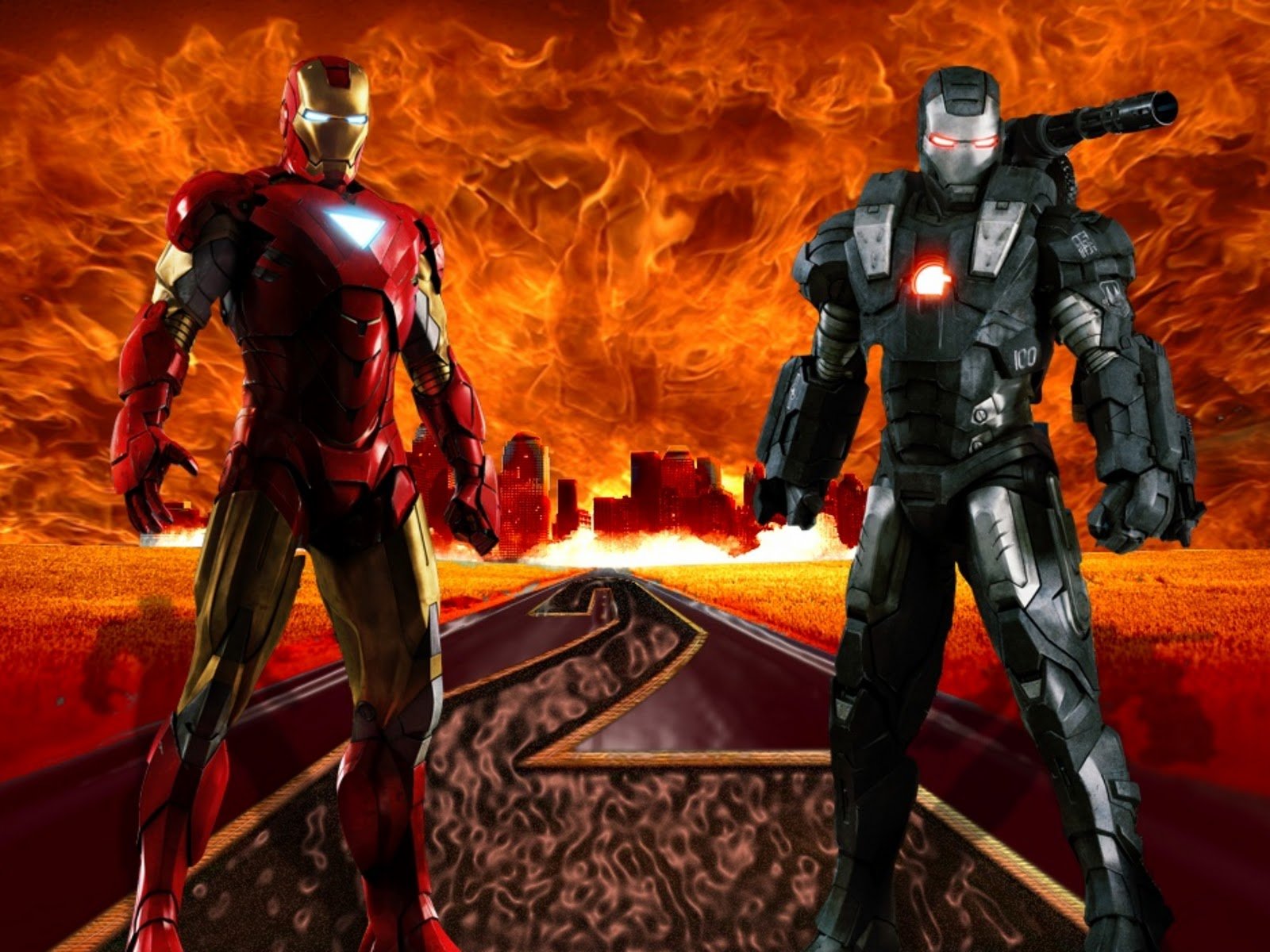 A vibrant HD desktop wallpaper featuring Iron Man and a darker armored version of the character against a fiery background, capturing the essence of the action-packed movie.