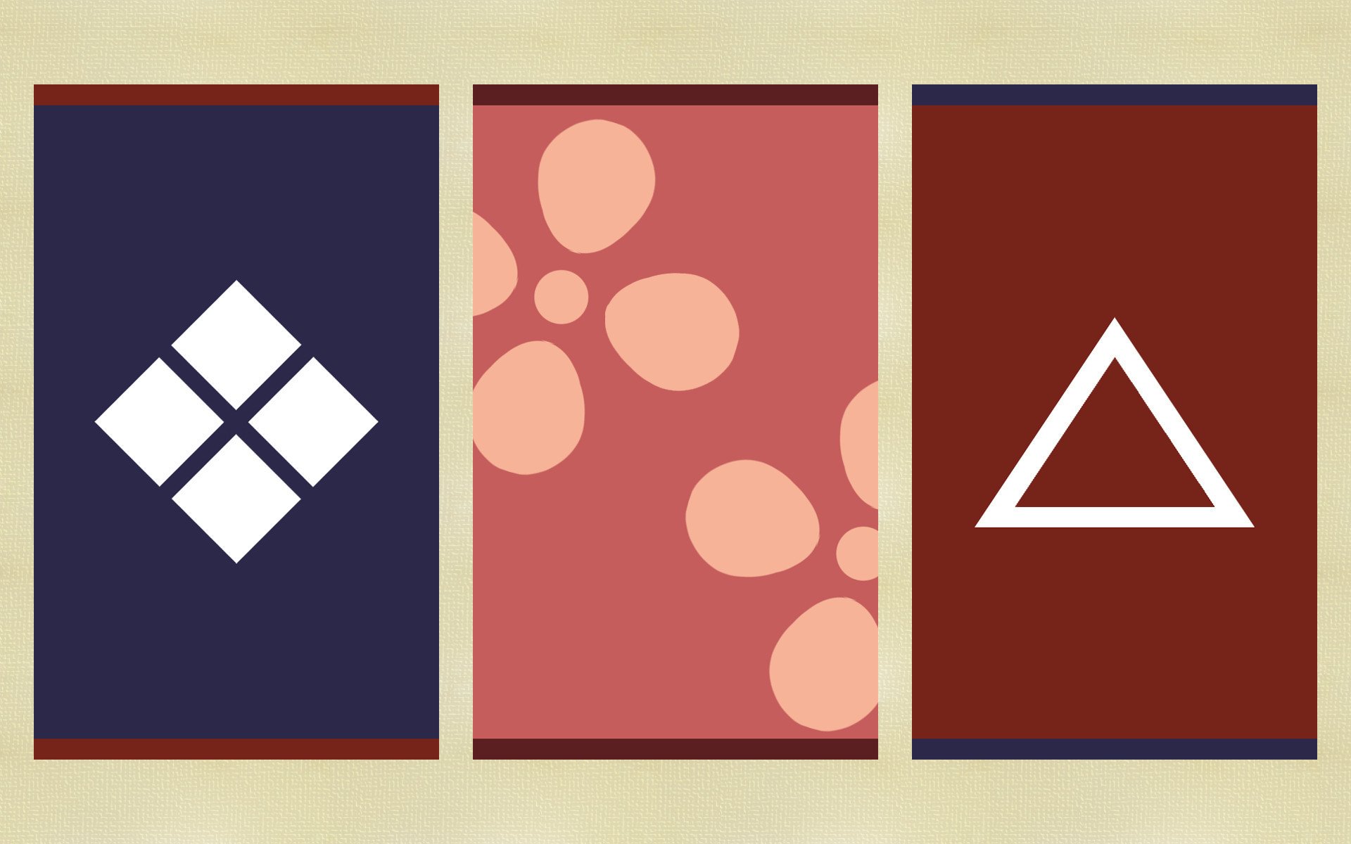 HD PC desktop wallpaper featuring minimalist anime-style flags inspired by Samurai Champloo, showcasing geometric shapes on a tri-panel background.