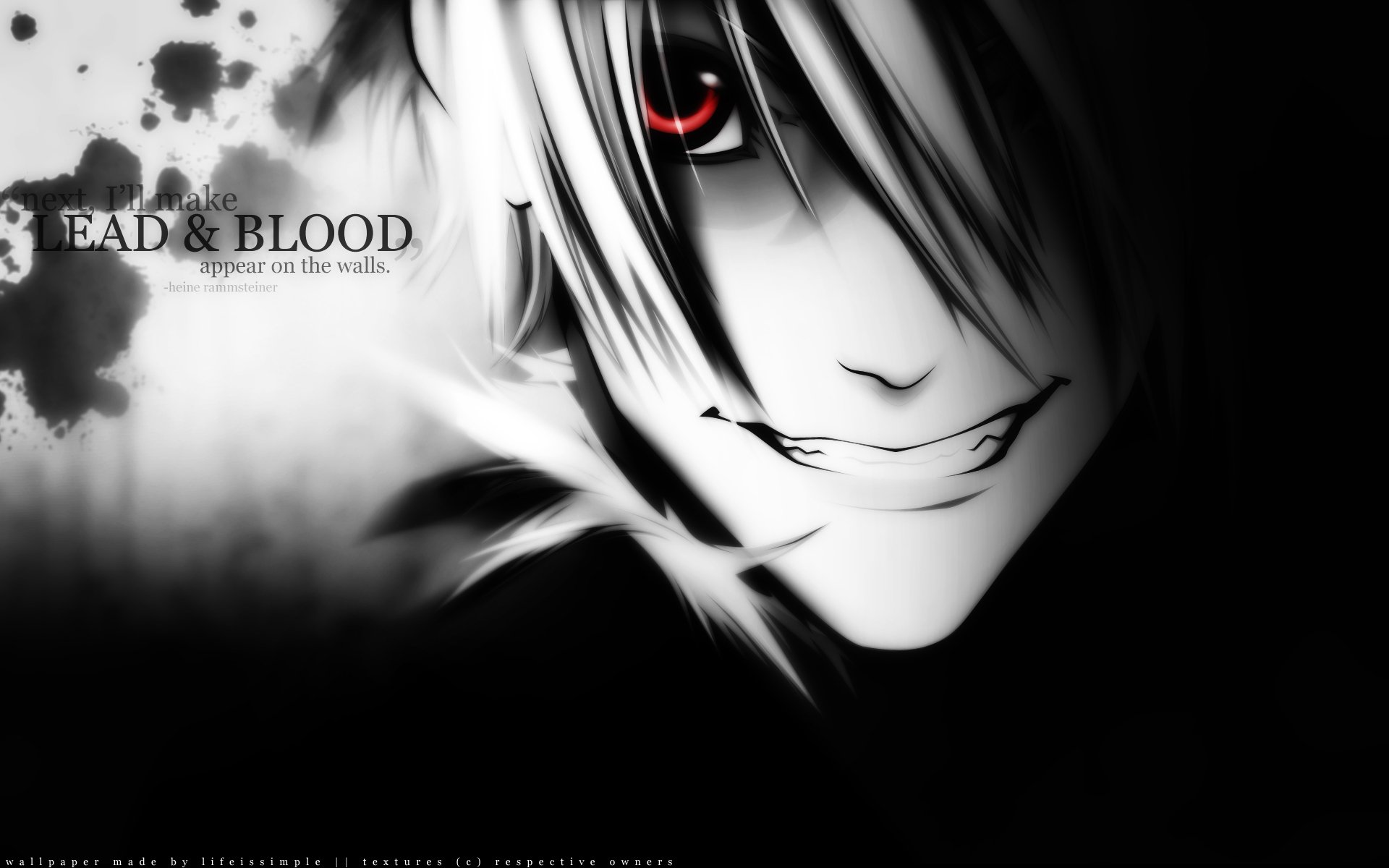 HD anime desktop wallpaper from Dogs: Bullets & Carnage featuring a close-up of a character with silver hair and a sinister red-eyed smile against a dark, gritty background.
