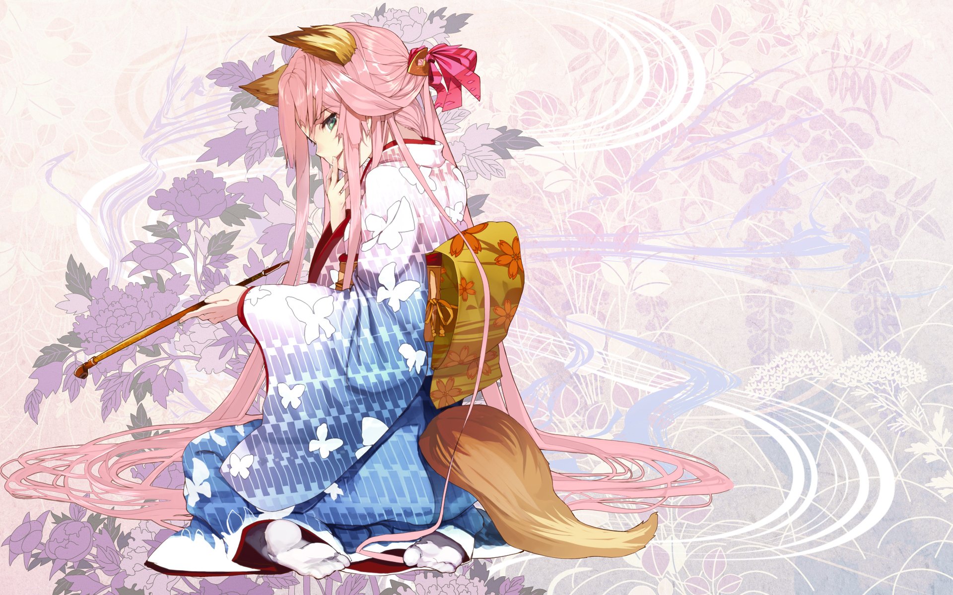 Anime woman with long pink hair and fox tail in a blue kimono, holding a kiseru pipe amid pastel floral swirls — HD PC desktop wallpaper/background.