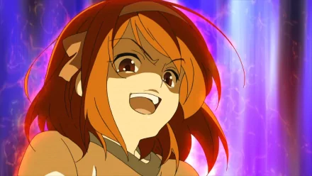 Haruhi Suzumiya (The Melancholy of Haruhi Suzumiya) grinning energetically with windblown hair against a vivid purple-blue burst background — HD PC desktop wallpaper.