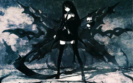 HD desktop wallpaper and background featuring Dead Master from Black Rock Shooter, wearing a tie, thigh-highs, and skirt, with dark and gothic elements prevalent in the artwork.