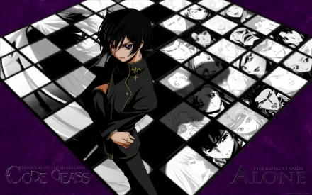 Lelouch Lamperouge stands confidently amid a dramatic checkerboard background featuring faces from *Code Geass*. This HD wallpaper captures the essence of the anime's intrigue and drama.