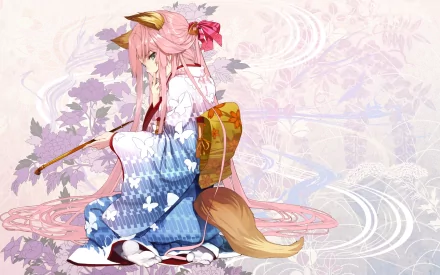 Anime woman with long pink hair and fox tail in a blue kimono, holding a kiseru pipe amid pastel floral swirls — HD PC desktop wallpaper/background.
