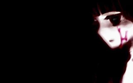 HD desktop wallpaper featuring Sunako Kirishiki from the anime Shiki. The image is predominantly dark, accentuating her mysterious and haunting visage on the right side.
