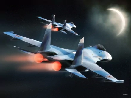 HD wallpaper and background featuring two military jet fighters flying at night with afterburners glowing and a crescent moon illuminating the sky.