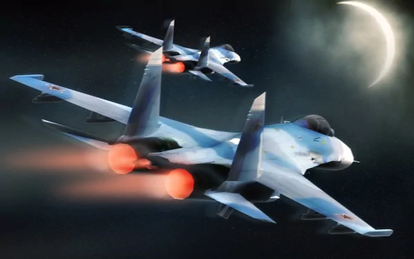 HD wallpaper and background featuring two military jet fighters flying at night with afterburners glowing and a crescent moon illuminating the sky.