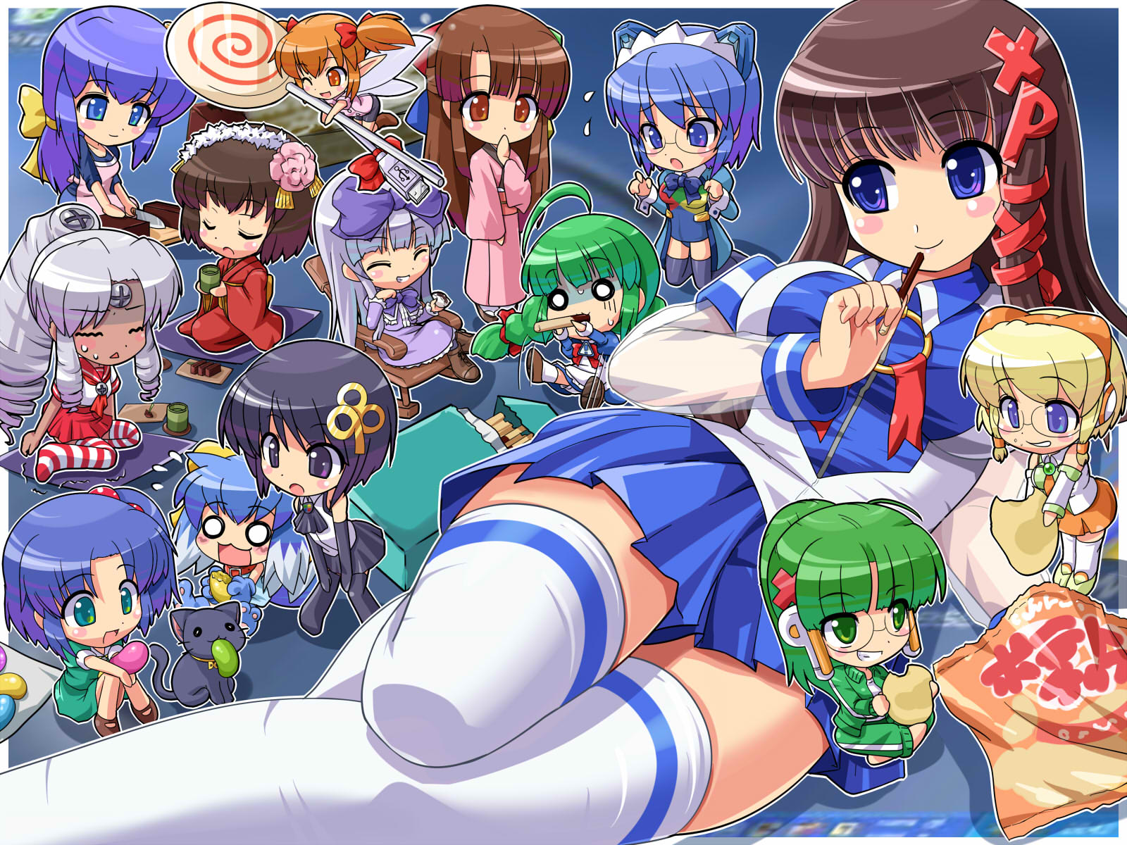 Anime character surrounded by various Windows OS-tans, including Vista-tan, XP-tan, and ME-tan.