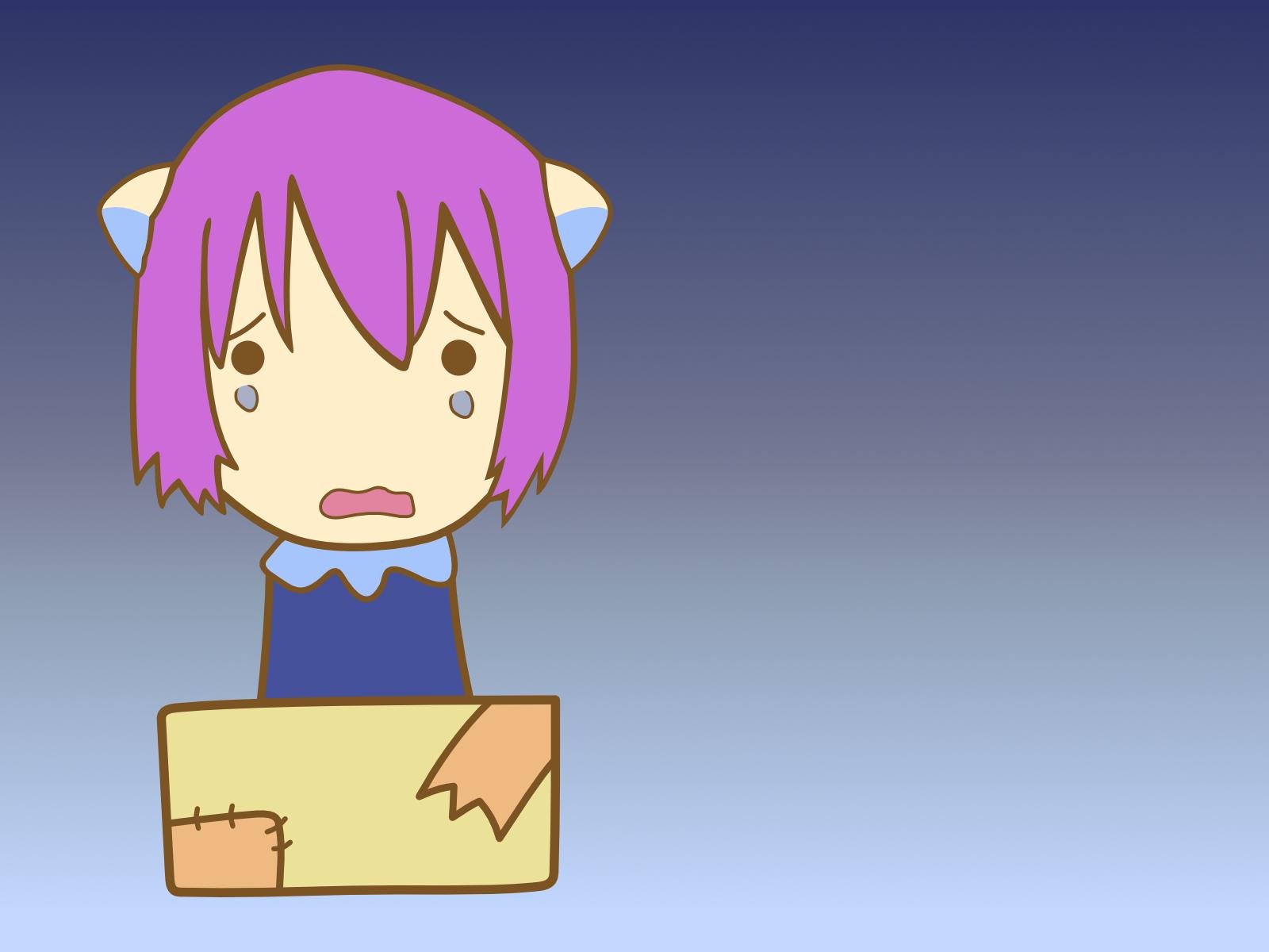 Chibi-style Lucy from Elfen Lied with purple hair and cat ears, holding a sign, against a gradient blue background in an anime HD PC desktop wallpaper.