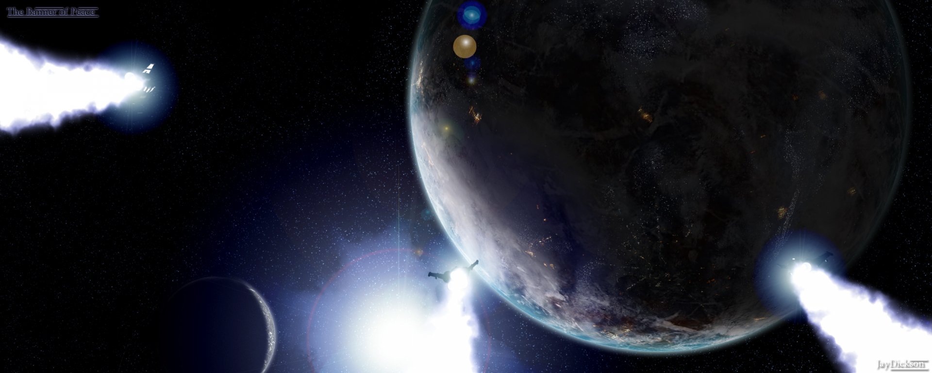 HD PC desktop wallpaper featuring a sci-fi spaceship approaching a planet in deep space, illuminated by distant stars and cosmic light.
