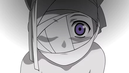 A captivating HD desktop wallpaper of DNA Voice from the anime Elfen Lied, featuring a mysterious character with an eye-catching purple eye, partially obscured by bandages.