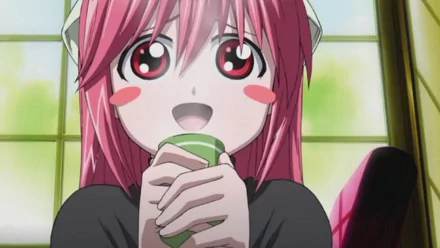 HD PC desktop wallpaper featuring Lucy from the anime Elfen Lied, showcasing her with pink hair and large expressive eyes while holding a green cup.