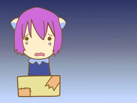 Chibi-style Lucy from Elfen Lied with purple hair and cat ears, holding a sign, against a gradient blue background in an anime HD PC desktop wallpaper.